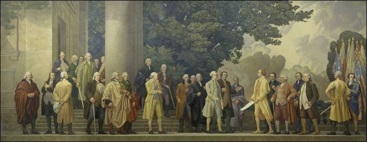 Barry Faulkner's Declaration of Independence mural, showing Thomas Jefferson presenting the document to John Hancock before members of the Continental Congress